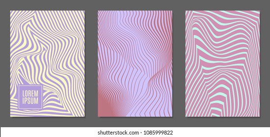 Abstract Backgrounds with Distortion of Geometric Shapes. Trendy Covers with Text and Gradient for Brochure, Magazine, Presentation, Book. Cover Design Templates Set with Wavy Stripes in Modern Style