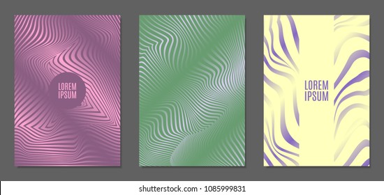 Abstract Backgrounds with Distortion of Geometric Shapes. Trendy Covers with Text and Gradient for Brochure, Magazine, Presentation, Book. Cover Design Templates Set with Wavy Stripes in Modern Style