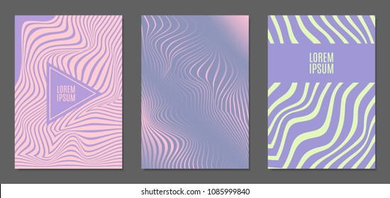 Abstract Backgrounds with Distortion of Geometric Shapes. Trendy Covers with Text and Gradient for Brochure, Magazine, Presentation, Book. Cover Design Templates Set with Wavy Stripes in Modern Style
