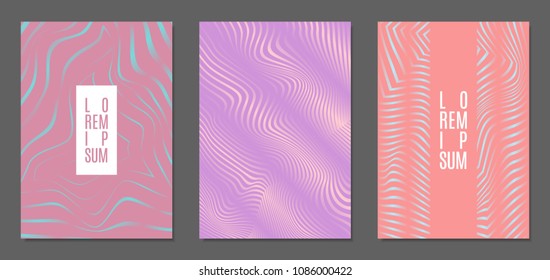 Abstract Backgrounds with Distortion of Geometric Shapes. Trendy Covers with Text and Gradient for Brochure, Magazine, Presentation, Book. Cover Design Templates Set with Wavy Stripes in Modern Style