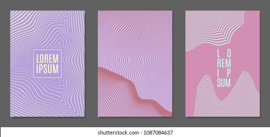 Abstract Backgrounds with Distortion of Geometric Shapes. Trendy Covers with Text and Gradient for Brochure, Magazine, Presentation, Book. Cover Design Templates Set with Wavy Stripes in Modern Style
