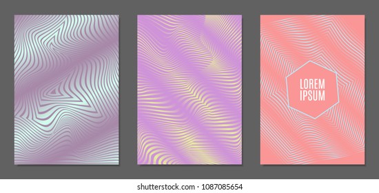 Abstract Backgrounds with Distortion of Geometric Shapes. Trendy Covers with Text and Gradient for Brochure, Magazine, Presentation, Book. Cover Design Templates Set with Wavy Stripes in Modern Style
