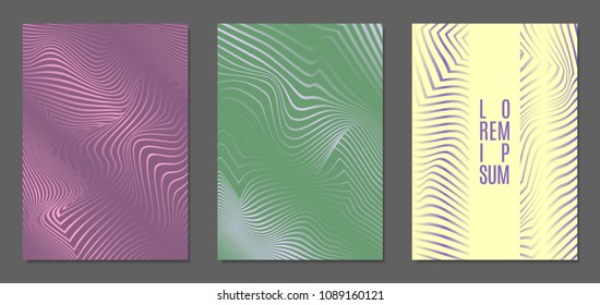 Abstract Backgrounds with Distortion of Geometric Shapes. Trendy Covers with Text and Gradient for Brochure, Magazine, Presentation, Book. Cover Design Templates Set with Wavy Stripes in Modern Style
