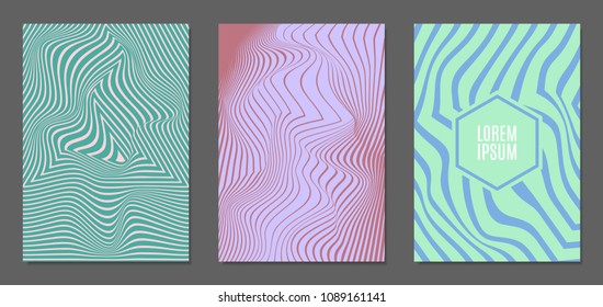 Abstract Backgrounds with Distortion of Geometric Shapes. Trendy Covers with Text and Gradient for Brochure, Magazine, Presentation, Book. Cover Design Templates Set with Wavy Stripes in Modern Style