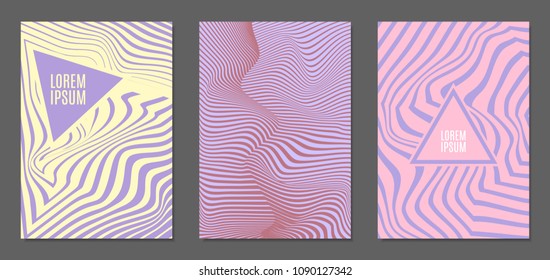 Abstract Backgrounds with Distortion of Geometric Shapes. Trendy Covers with Text and Gradient for Brochure, Magazine, Presentation, Book. Cover Design Templates Set with Wavy Stripes in Modern Style