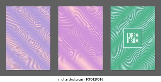 Abstract Backgrounds with Distortion of Geometric Shapes. Trendy Covers with Text and Gradient for Brochure, Magazine, Presentation, Book. Cover Design Templates Set with Wavy Stripes in Modern Style