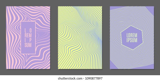 Abstract Backgrounds with Distortion of Geometric Shapes. Trendy Covers with Text and Gradient for Brochure, Magazine, Presentation, Book. Cover Design Templates Set with Wavy Stripes in Modern Style