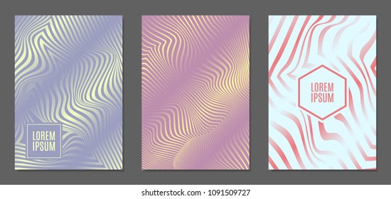 Abstract Backgrounds with Distortion of Geometric Shapes. Trendy Covers with Text and Gradient for Brochure, Magazine, Presentation, Book. Cover Design Templates Set with Wavy Stripes in Modern Style