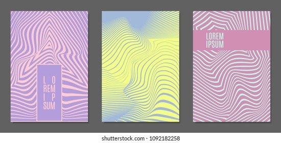 Abstract Backgrounds with Distortion of Geometric Shapes. Trendy Covers with Text and Gradient for Brochure, Magazine, Presentation, Book. Cover Design Templates Set with Wavy Stripes in Modern Style