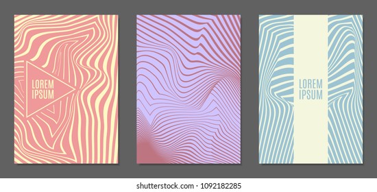 Abstract Backgrounds with Distortion of Geometric Shapes. Trendy Covers with Text and Gradient for Brochure, Magazine, Presentation, Book. Cover Design Templates Set with Wavy Stripes in Modern Style