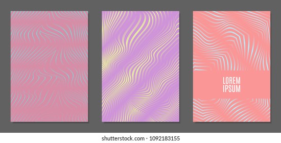 Abstract Backgrounds with Distortion of Geometric Shapes. Trendy Covers with Text and Gradient for Brochure, Magazine, Presentation, Book. Cover Design Templates Set with Wavy Stripes in Modern Style