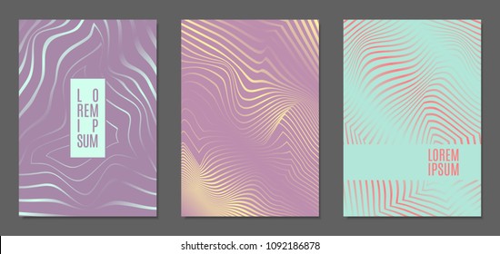 Abstract Backgrounds with Distortion of Geometric Shapes. Trendy Covers with Text and Gradient for Brochure, Magazine, Presentation, Book. Cover Design Templates Set with Wavy Stripes in Modern Style