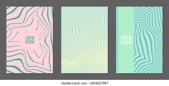 Abstract Backgrounds with Distortion of Geometric Shapes. Trendy Covers with Text and Gradient for Brochure, Magazine, Presentation, Book. Cover Design Templates Set with Wavy Stripes in Modern Style
