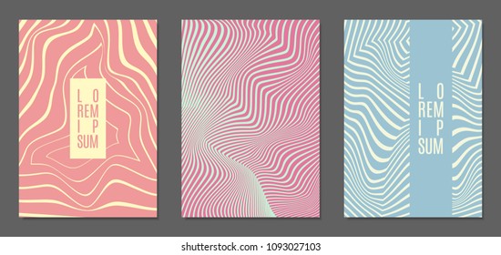 Abstract Backgrounds with Distortion of Geometric Shapes. Trendy Covers with Text and Gradient for Brochure, Magazine, Presentation, Book. Cover Design Templates Set with Wavy Stripes in Modern Style