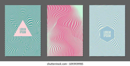 Abstract Backgrounds with Distortion of Geometric Shapes. Trendy Covers with Text and Gradient for Brochure, Magazine, Presentation, Book. Cover Design Templates Set with Wavy Stripes in Modern Style
