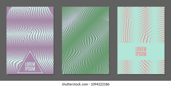 Abstract Backgrounds with Distortion of Geometric Shapes. Trendy Covers with Text and Gradient for Brochure, Magazine, Presentation, Book. Cover Design Templates Set with Wavy Stripes in Modern Style
