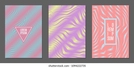 Abstract Backgrounds with Distortion of Geometric Shapes. Trendy Covers with Text and Gradient for Brochure, Magazine, Presentation, Book. Cover Design Templates Set with Wavy Stripes in Modern Style