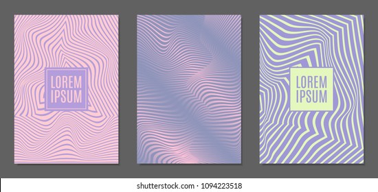 Abstract Backgrounds with Distortion of Geometric Shapes. Trendy Covers with Text and Gradient for Brochure, Magazine, Presentation, Book. Cover Design Templates Set with Wavy Stripes in Modern Style