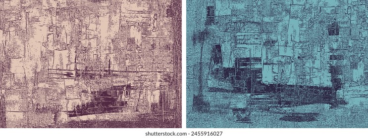 Abstract backgrounds, fabric texture. Dirty paint strokes on canvas artworks, set of vector, brown turquoise cross hatching grungy backdrops