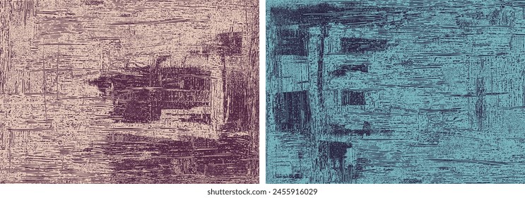 Abstract backgrounds, fabric texture. Dirty paint strokes on canvas artworks, set of vector, brown turquoise cross hatching grungy backdrops