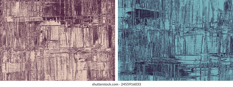 Abstract backgrounds, fabric texture. Dirty paint strokes on canvas artworks, set of vector, brown turquoise cross hatching grungy backdrops