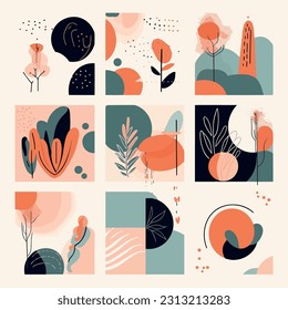 Abstract backgrounds featuring hand-drawn shapes and doodle objects. These contemporary and modern vector illustrations showcase trendy designs