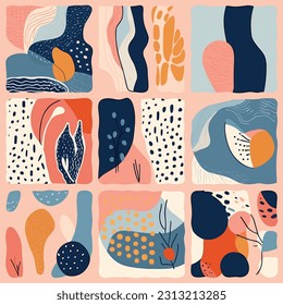 Antecedentes abstractos con formas dibujadas a mano y objetos de doodle. Estas ilustraciones vectoriales contemporáneas y modernas muestran diseños de moda