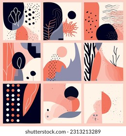 Abstract backgrounds featuring hand-drawn shapes and doodle objects. These contemporary and modern vector illustrations showcase trendy designs