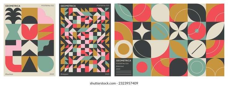 Abstract backgrounds. Geometric patterns. Modern and colorful poster set. Shapes and symbols influenced by Bauhaus and Swiss design.