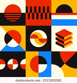 Abstract backgrounds. Geometric patterns. Modern and colorful poster set. Shapes and symbols influenced by Bauhaus and Swiss design.