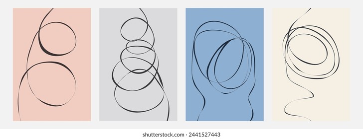 Abstract backgrounds with hand drawn curved lines. Set of color backgrounds with black wavy lines. Vector illustration.