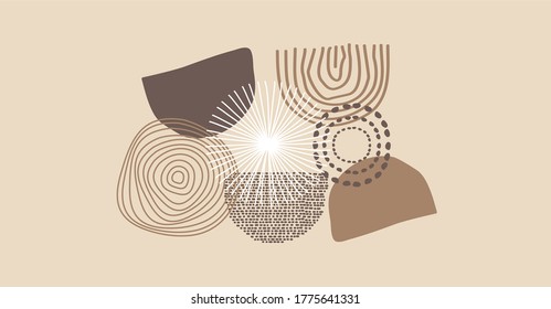 Abstract backgrounds. Hand drawn doodle various shapes, leaves, face, spots, drops. Contemporary modern trendy Vector illustrations. Every shape is rezise able. color tone earth 