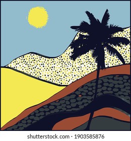 Abstract backgrounds. Hand drawn doodle various shapes,sun, mountains, sky and palm tree landscape view vector . Contemporary modern trendy 