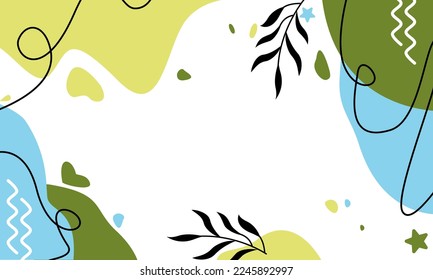 Antecedentes abstractos. Doodle dibujado a mano de varias formas, hojas, puntos, gotas. Plantilla de banner de medios sociales, diseño de fondo de artes de línea para aplicaciones web y móviles