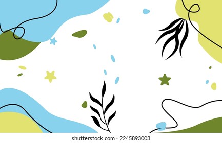 Abstract backgrounds. Hand drawn doodle various shapes, leaves, spots, drops. Social media banner template, line arts background design for web and mobile app