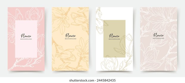 Abstract backgrounds with hand drawn spring floral elements of minimal line art in pastel colors. Vector design templates for card, wedding invitation, poster, flyer, social media post, banner, cover