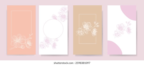 Abstract backgrounds with hand drawn spring floral elements of minimal line art in pastel colors. Vector design templates for card, wedding invitation, poster, flyer, social media post, banner, cover