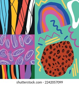 Abstract Backgrounds. Hand drawn various doodle shapes, spots, drops, curves, lines. Contemporary modern trendy Vector illustration. Patchwork concept. Poster, print, Pattern template