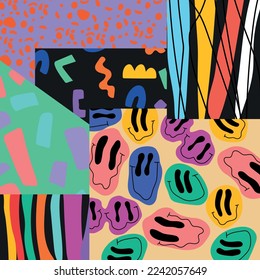 Abstract Backgrounds. Hand drawn various doodle shapes, spots, drops, curves, lines. Contemporary modern trendy Vector illustration. Patchwork concept. Poster, print, Pattern template