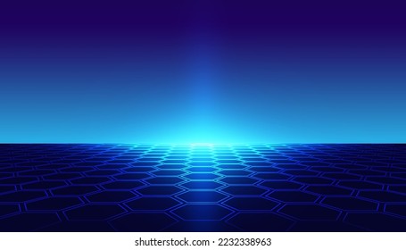 abstract Backgrounds hexagon horizon blue 80's 90's retro Vector virtual world game virtual reality in cinema or future 