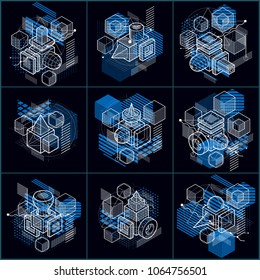 Abstract backgrounds with isometric elements, vector linear art with lines and shapes. Cubes, hexagons, squares, rectangles and different abstract elements. Vector set.