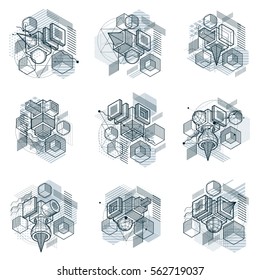 Abstract backgrounds with isometric elements, vector linear art with lines and shapes. Cubes, hexagons, squares, rectangles and different abstract elements. Vector set.