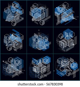 Abstract backgrounds with isometric elements, vector linear art with lines and shapes. Cubes, hexagons, squares, rectangles and different abstract elements. Vector set.