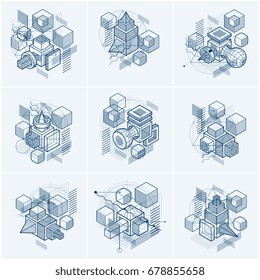 Abstract backgrounds with isometric elements, vector linear art with lines and shapes. Cubes, hexagons, squares, rectangles and different abstract elements. Vector set.