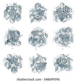 Abstract backgrounds with isometric lines, vector illustrations. Templates made with cubes, hexagons, squares, rectangles and different abstract elements. Vector set.
