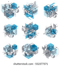 Abstract backgrounds with isometric lines, vector illustrations. Templates made with cubes, hexagons, squares, rectangles and different abstract elements. Vector set.