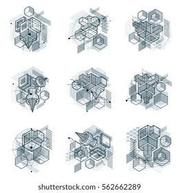 Abstract backgrounds with isometric lines, vector illustrations. Templates made with cubes, hexagons, squares, rectangles and different abstract elements. Vector set.