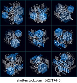 Abstract backgrounds with isometric lines, vector illustrations. Templates made with cubes, hexagons, squares, rectangles and different abstract elements. Vector set.