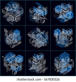 Abstract backgrounds with isometric lines, vector illustrations. Templates made with cubes, hexagons, squares, rectangles and different abstract elements. Vector set.