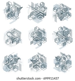 Abstract backgrounds with isometric lines, vector illustrations. Templates made with cubes, hexagons, squares, rectangles and different abstract elements. Vector set.
